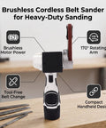 Badass Cordless Belt Sander With Brushless Motor And Rotating Head For Wood Or Sheet Metal Works, showcasing 170° rotating arm and tool-free belt change.