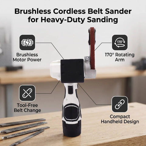Badass Cordless Belt Sander With Brushless Motor And Rotating Head For Wood Or Sheet Metal Works, showcasing 170° rotating arm and tool-free belt change.