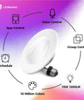 6 Inch Smart Recessed Lighting Kit with 1200 Lumen 90+ CRI RGBCW Multicolor Downlights showing app and voice control features