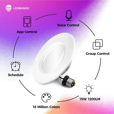 6 Inch Smart Recessed Lighting Kit with 1200 Lumen 90+ CRI RGBCW Multicolor Downlights showing app and voice control features