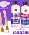 White Multi-Surface Touch Up Paint Pen Set 7oz with glossy and matte paints, silicone cup, and brushes on a purple background.