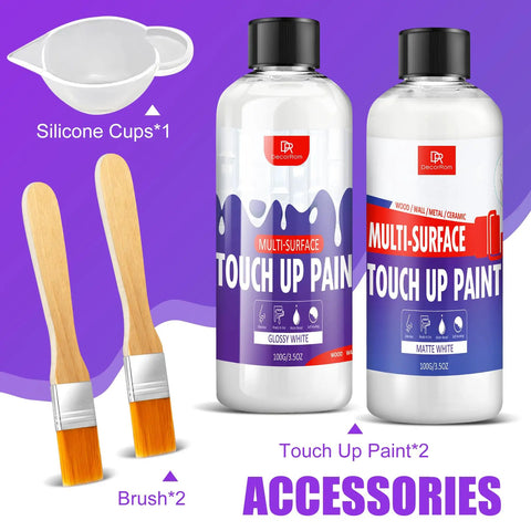 White Multi-Surface Touch Up Paint Pen Set 7oz with glossy and matte paints, silicone cup, and brushes on a purple background.