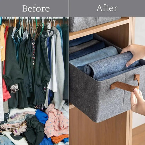 Before and after using Foldable Storage Bins With Metal Frame Set Of 2 Dope Space Saving Closet Organizer for organizing clothes.
