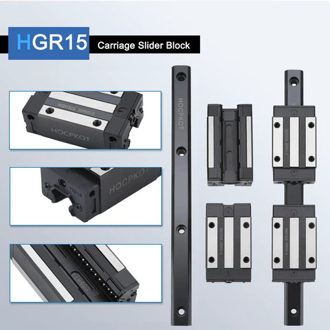 Two 200mm Linear Rail Kit With Four HGH15CA Carriage Blocks And Four HG15 End Stops for smooth, quiet CNC motion and positioning.