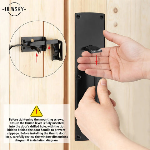 Top Shelf Thumb Press Gate Latch With Slick Grip Handle Rock Solid Black Metal Yard Lock close up installation view on wooden door.