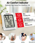TP50 Digital Hygrometer And Indoor Thermometer With Wellness Indicator Shows Dry Comfort Wet Humidity Levels, High Accuracy Sensor, Fast Refresh Rate, Easy Home Climate Monitor For Living Room, Bedroom, Nursery Or Office. White plastic desk unit showing 53% humidity and 73.2°F