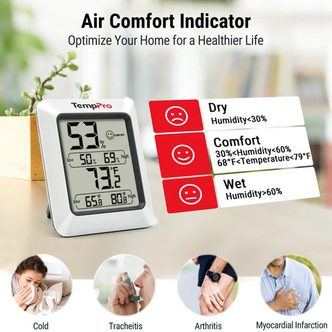 TP50 Digital Hygrometer And Indoor Thermometer With Wellness Indicator Shows Dry Comfort Wet Humidity Levels, High Accuracy Sensor, Fast Refresh Rate, Easy Home Climate Monitor For Living Room, Bedroom, Nursery Or Office. White plastic desk unit showing 53% humidity and 73.2°F