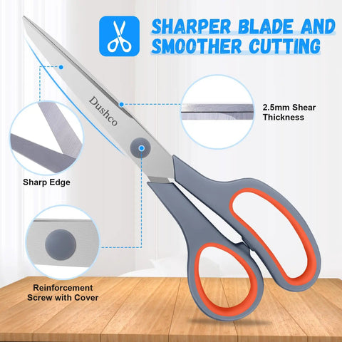 8.5 Inch Multipurpose Scissors Set Of 3 Heavy Duty Stainless Steel Blades For Office School Craft And Sewing Projects Go-To Workhorse For Everyday Classroom And DIY Cutting Tasks, grey scissors with orange handles and 2.5mm blade detail
