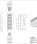Technical drawing of Slim DIN Rail Mount Pluggable Screw Terminal Block Distribution Module 15-Position 5x3, 300V 10A Per Position, 5.08mm Pitch.