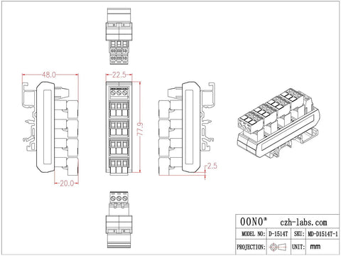 Technical drawing of Slim DIN Rail Mount Pluggable Screw Terminal Block Distribution Module 15-Position 5x3, 300V 10A Per Position, 5.08mm Pitch.