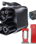 Close-up of Plug And Go Nacs To Ccs1 Ev Adapter 500Amp 1000V Dc Fast Charger for Tesla Superchargers with charging stations in view.