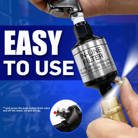 Inline Moisture Separator And Air Dryer With Push Button Drain Valve 1 Quarter Inch NPT for HVLP Spray Gun in use