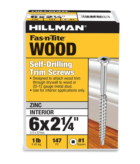 Pro Grade Trim Screws For Weekend Warriors Number 6 Size 2 1 4 Inch Yellow Zinc Self Drilling Fasteners in packaging.