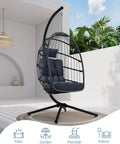 Cozy Outdoor Egg Chair With Stand, Wicker Hanging Swing Chair With Cushion, 350 Lb Weight Capacity For Patio Garden Balcony And Bedroom, Tool Free Assembly In Under 30 Minutes, Dark Grey