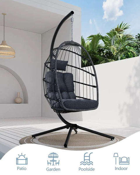 Cozy Outdoor Egg Chair With Stand, Wicker Hanging Swing Chair With Cushion, 350 Lb Weight Capacity For Patio Garden Balcony And Bedroom, Tool Free Assembly In Under 30 Minutes, Dark Grey