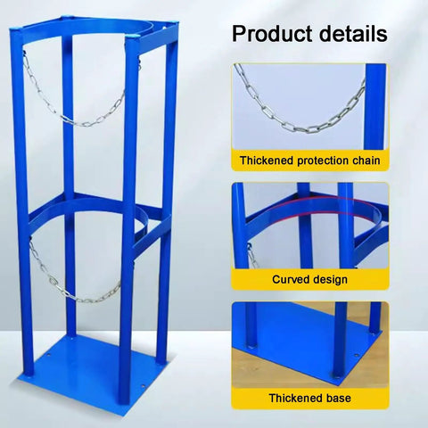 Heavy Duty Gas Cylinder Holder Stand With Steel Construction for Oxygen and CO2 Tanks featuring chain and base details.