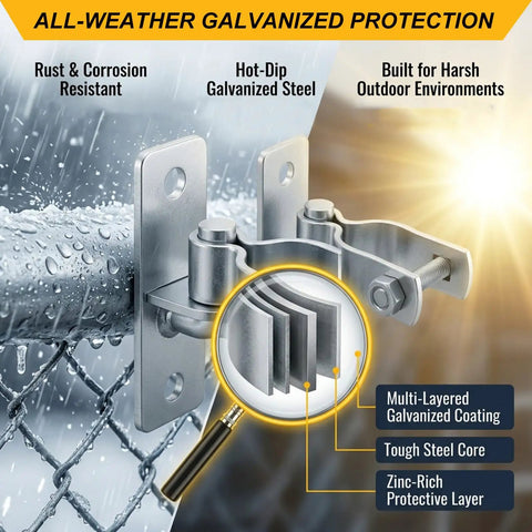 Heavy Duty Wall Mount Gate Hinges For 1 3 8 Inch Pipe Frames with zinc-rich hot-dip galvanized steel, rust-resistant design.
