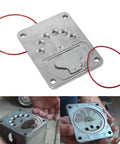 Valve Plate Assembly Kit For Oilless Air Compressors Fits Craftsman Dewalt Porter Cable DeVilbiss Black And Decker Replacement DAC 280 AC0032 889119 Valve Plate shown with o-ring gaskets and installation process.