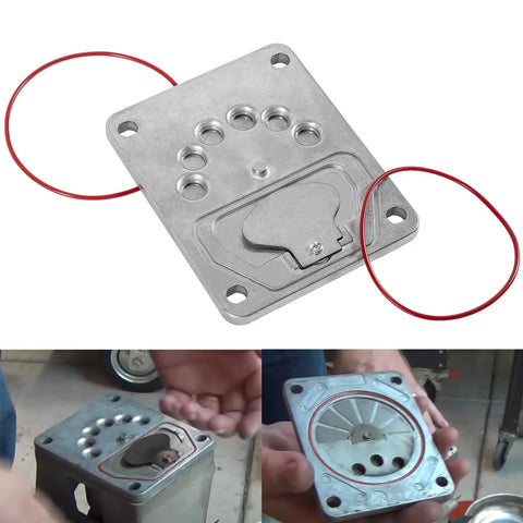 Valve Plate Assembly Kit For Oilless Air Compressors Fits Craftsman Dewalt Porter Cable DeVilbiss Black And Decker Replacement DAC 280 AC0032 889119 Valve Plate shown with o-ring gaskets and installation process.