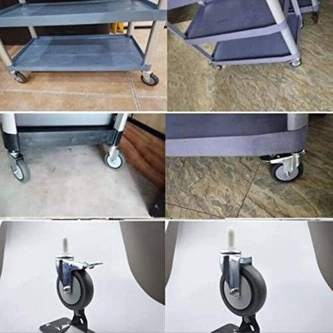 Heavy Duty Lockable Swivel Casters 4 Pack 108mm Universal Trolley Wheels on service cart and close-up of wheel with brake.