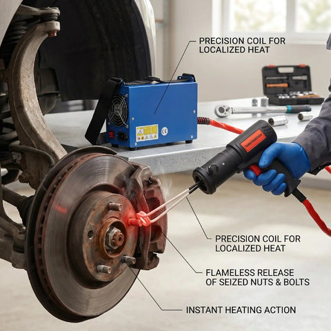 1500W Magnetic Induction Bolt Heater Eats Through Rusted Fasteners In Seconds With Four Coils showing precision coil heating rusted bolts.