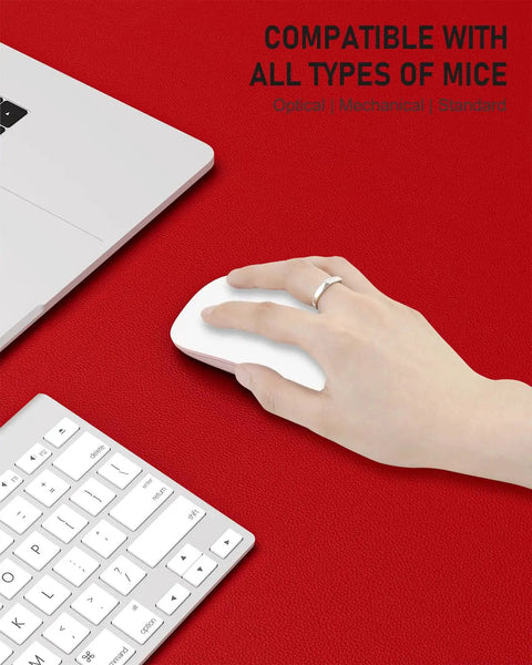 Bright Red Desk Pad 23.6 By 13.8 Inch PU Leather Non Slip Desk Mat with laptop, mouse, and keyboard in office setup