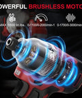 Illustration of Beast Of A 20V Max Brushless Cordless Impact Driver with powerful motor and specs overlayed