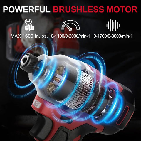 Illustration of Beast Of A 20V Max Brushless Cordless Impact Driver with powerful motor and specs overlayed