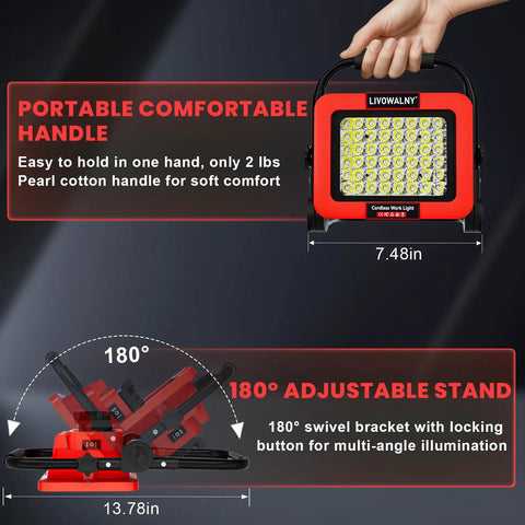 Ridiculously Bright 100W 10000LM Cordless Work Light For Milwaukee 18V Tools with adjustable handle and stand.