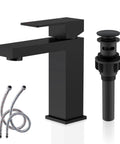 Matte Black Single Handle Bathroom Sink Faucet In Stainless Steel Vanity With Pop Up Drain Stopper And Flexible Water Supply Hoses
