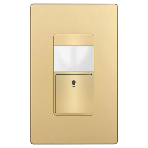 Motion Sensor Light Switch With Ambient Light Level For Auto On Off Based On Occupancy Or Vacancy Modes No Neutral Needed Ground Wire Required 150W LED CFL Single Pole Gold Wall Plate Included front view