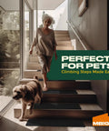Elderly woman and dog on stairs with 8-Pack Non Slip Outdoor Stair Treads For Steps And Decks 8x30 Inch Grip Tape Adhesive Strips