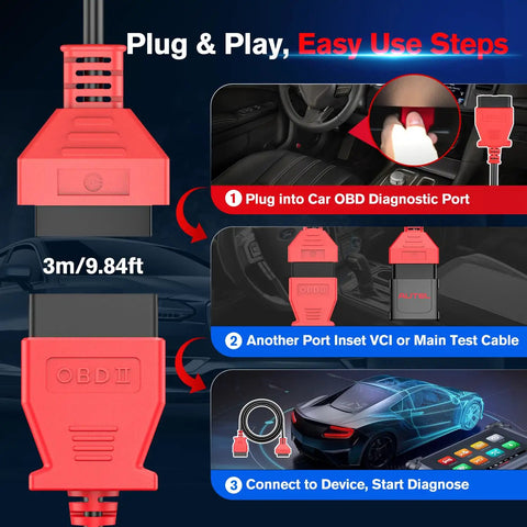 OBD 2 Extension Cable 10ft 3M Ultra Long 16 Pin OBD II Male to Female Extension Cord with Plug and Play Steps Display