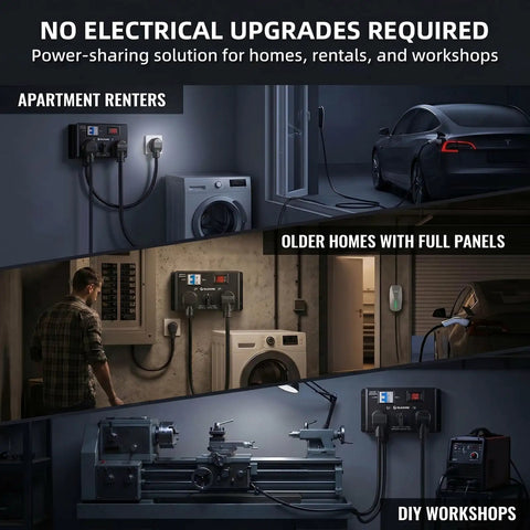 Manual Electric Vehicle Charging Switch For Dryer And Daily Charger, 24Amp 240V Power Splitter With Safety Breaker, Hand Rotated Toggle, Plug And Play Nema 14-30 To 14-50 Adapter, Smooth Operator Design No Sweat Setup in use for apartments and workshops.