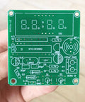 Hands holding a circuit board for Hands On Soldering Practice Kit For A 4 Bit Clock Project With DIY Electronics Kit, green PCB