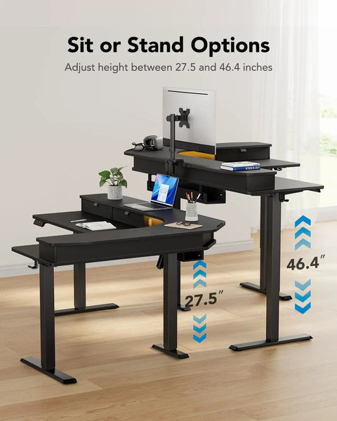 65 Inch L Shaped Standing Desk With Power Outlets And LED Strip, Electric Height Adjustable Corner Computer Desk in home office