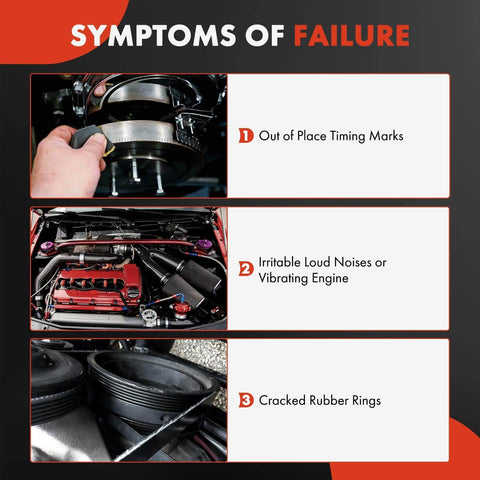 Symptoms of engine harmonic balancer failure including out of place timing marks, loud noises, and cracked rubber rings.