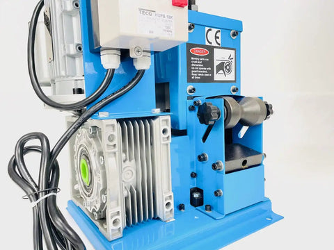 Side view of the Beast Mode Model 60 Copper Wire Stripping Machine With 2HP 120V Motor, highlighting the steel frame and blade.