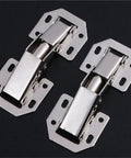 Hella Simple Install No Drill Furniture Hinges 10 Piece Set For Kitchen Cabinet Doors And Window Cupboards Quick Fit Hardware Repair Tools No Sweat Mounting, close-up of two metal cabinet hinges.