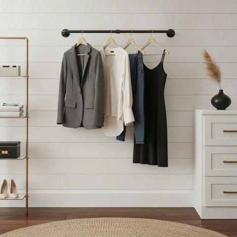 Space Saving Garment Rack for Entryway and Bedroom, Industrial Metal Clothes Rod displayed with coats and shirts, open frame design.