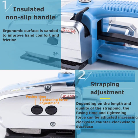 Heavy Duty Electric Strapping Machine Handheld Banding Tool For Pet Strap With Rechargeable Lithium Battery featuring ergonomic non-slip handle.