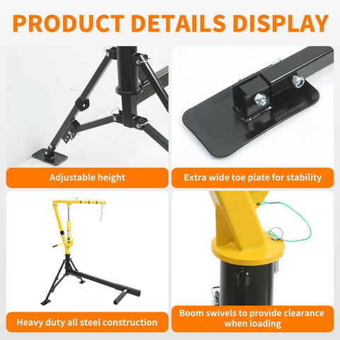 Portable Hydraulic Receiver Hitch Mounted Crane With 1000 Lb Capacity And 360 Degree Swivel For Pickup Trucks Three Boom Options 500 750 And 1000 Lb Fits 2 Inch Class III IV Hitches Adjustable Support Legs