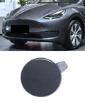 Tesla Model Y with Front Tow Hook Cover 2020 2021 2022 2023 Front Bumper Hook Cap OEM Replacement Silver shown in detail