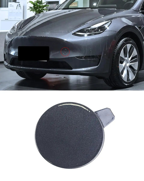 Tesla Model Y with Front Tow Hook Cover 2020 2021 2022 2023 Front Bumper Hook Cap OEM Replacement Silver shown in detail