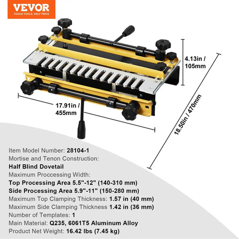 Professional Dovetail Jig 12 Inch Width With Router Bit Half Blind Template Dead Nuts Alignment For Mortise Tenon Woodshop features precision dimensions and aluminum construction.