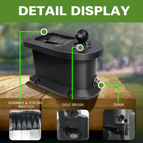 Golf Cart Ball Washer And Club Cleaner Kit With Universal Mounting Bracket showing bristles, golf brush, and drain details.