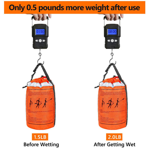 Water Rescue Throw Bag With 50 Feet Of Three Tenths Inch Rope Tensile Strength 1844 Lbs, weight comparison before and after wetting