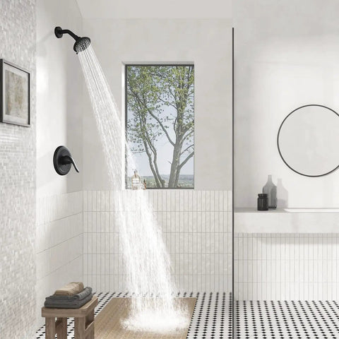 Shower Faucet With Valve Single Handle Trim Kit And 5 Spray Modes Shower Head Wall Mounted System in modern bathroom