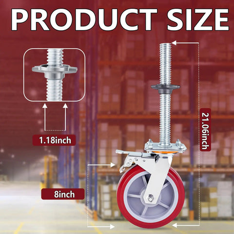 1 Pack Eight Inch Adjustable Leveling Scaffolding Wheels With Two Inch Thick Casters For Rough Job Site Grounds Easy Roll Maneuvering And Tough As Nails Stability For Any Build Day. Size details with 8 inch wheel and 21.06 inch height.