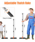 Pro Grade Lawn Dethatcher And Soil Aerator With 57 Inch Handle And 15 Inch Steel Tines shown in three adjustable sizes.